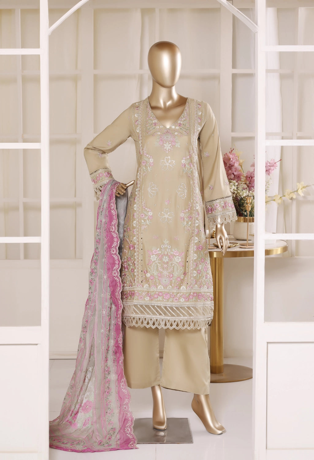 Binsaeed Plain Cotton 3 Piece Embroidered D2572