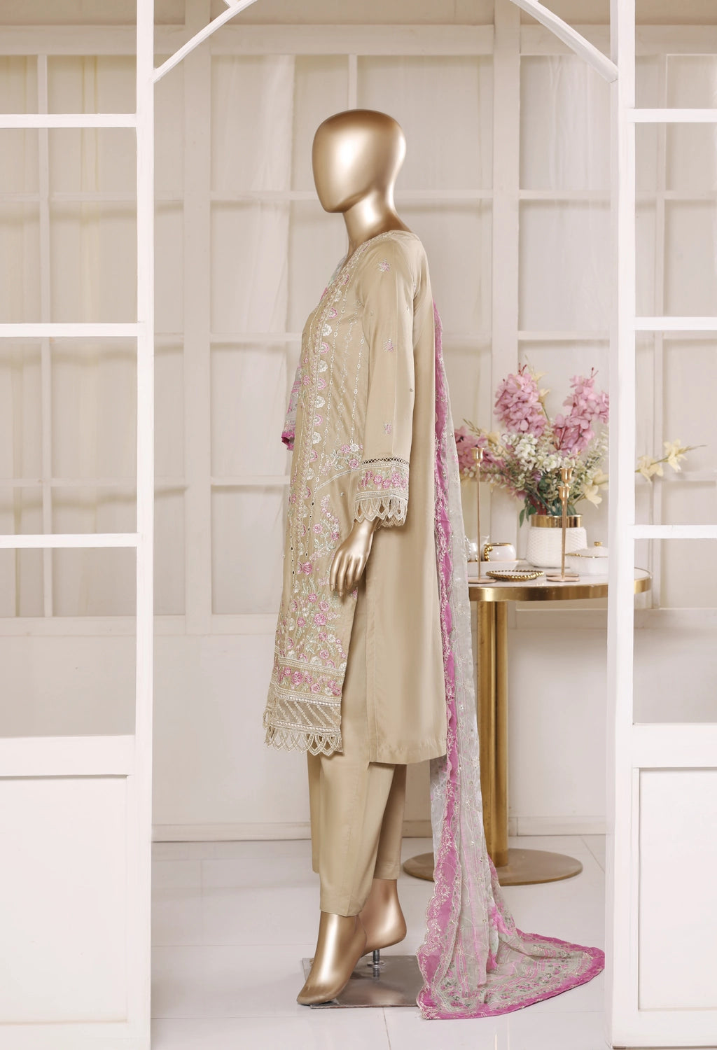 Binsaeed Plain Cotton 3 Piece Embroidered D2572
