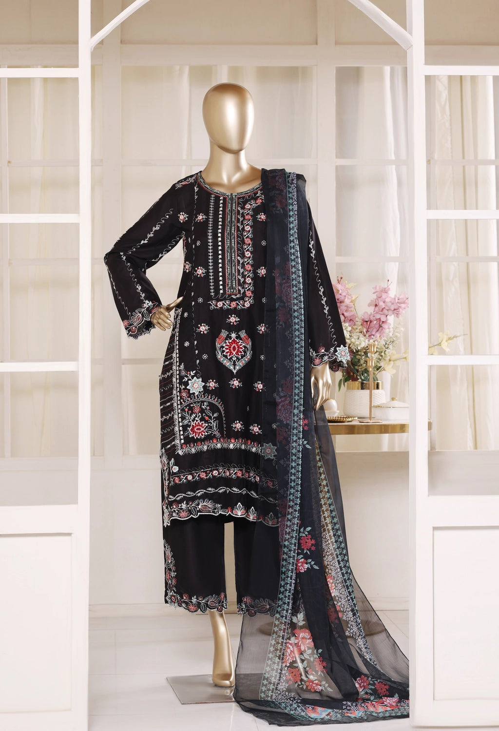 Binsaeed Plain Cotton 3 Piece Embroidered D2565