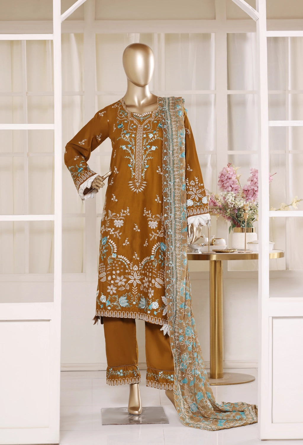 Binsaeed Plain Cotton 3 Piece Embroidered D2570