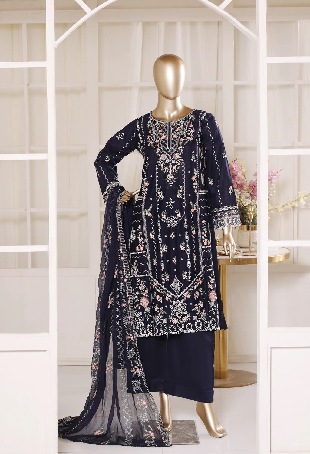 Binsaeed Plain Cotton 3 Piece Embroidered D2507