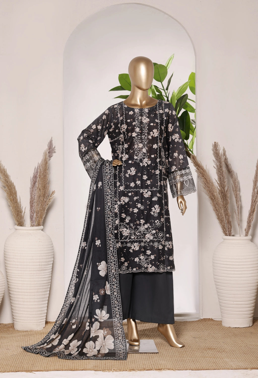 Bin Saeed Short Embroidered Shirt With Bellbottom Trouser Three Piece D7