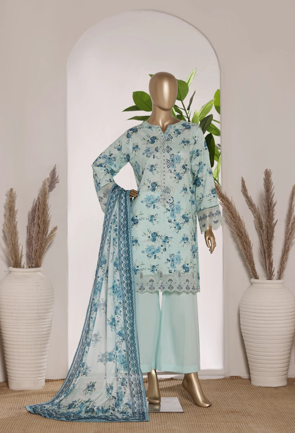 Bin Saeed Short Embroidered Shirt With Bellbottom Trouser Three Piece D5