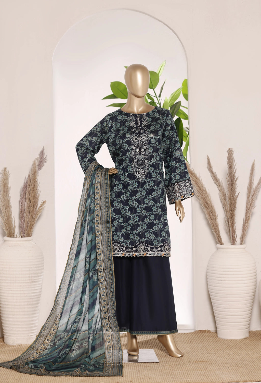 Bin Saeed Short Embroidered Shirt With Bellbottom Trouser Three Piece D6