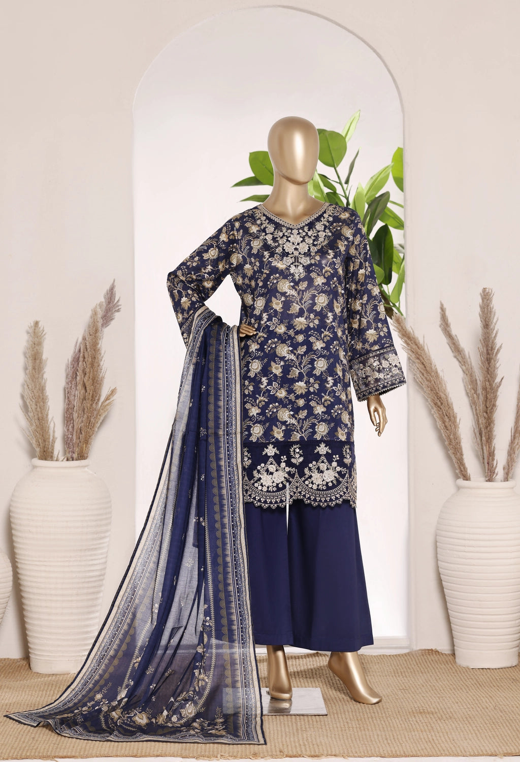 Bin Saeed Short Embroidered Shirt With Bellbottom Trouser Three Piece D8