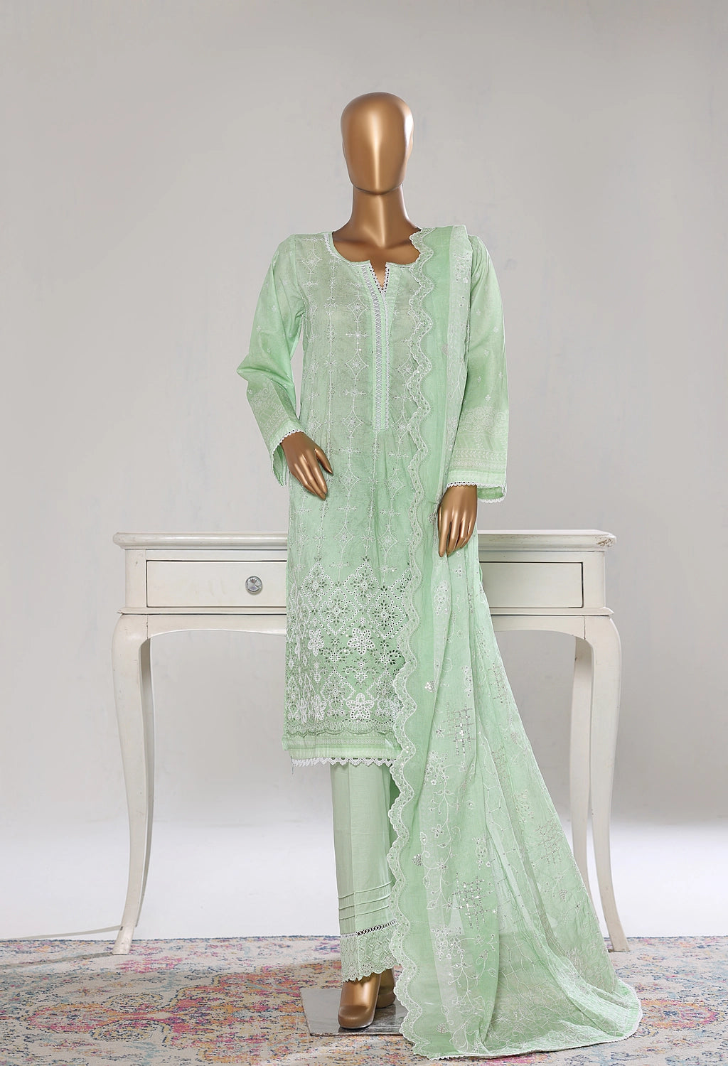 Binsaeed Stitched Green Embroidered Lawn 3pc (NSM 0220-A)