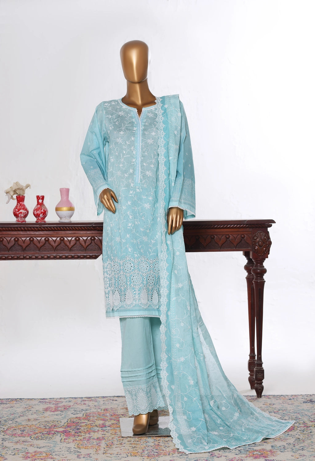 Binsaeed Stitched Ferozi Embroidered Lawn 3pc( NSM 0219-A)