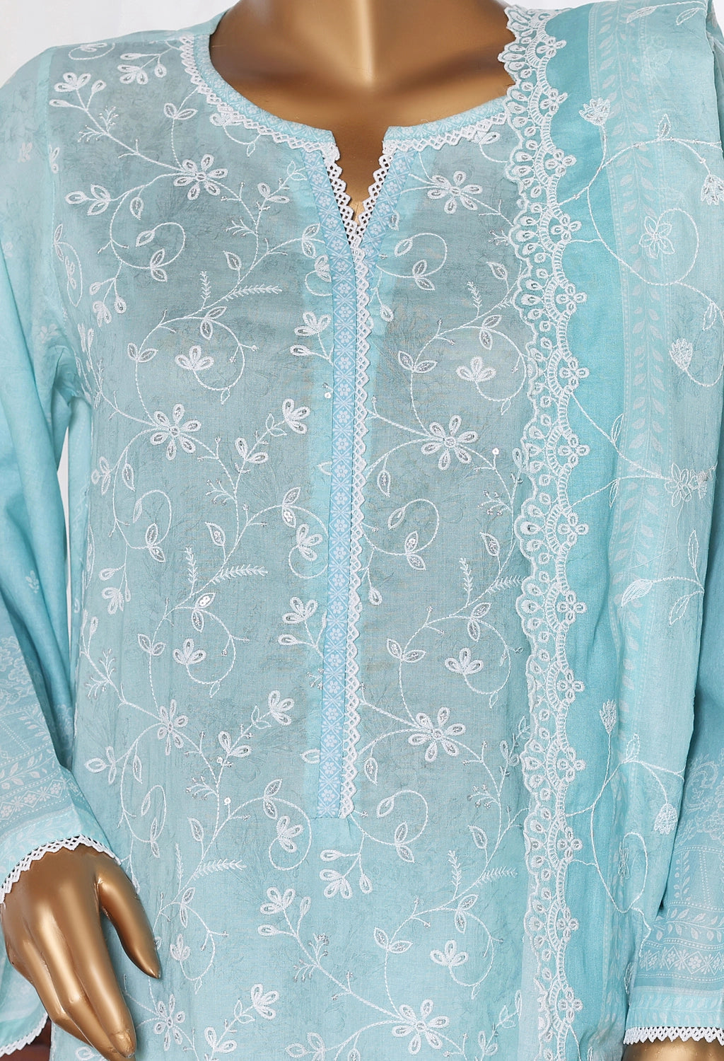 Binsaeed Stitched Ferozi Embroidered Lawn 3pc( NSM 0219-A)