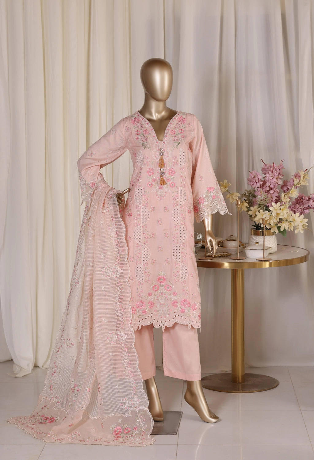 Binsaeed Plain Cotton 3 Piece Embroidered D2514
