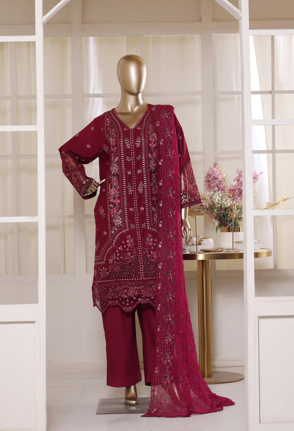Binsaeed Plain Cotton 3 Piece Embroidered D2547