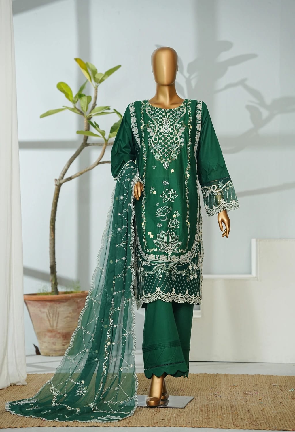 Bin saeed Stithed Plain Cotton 3pc (D 003-B)