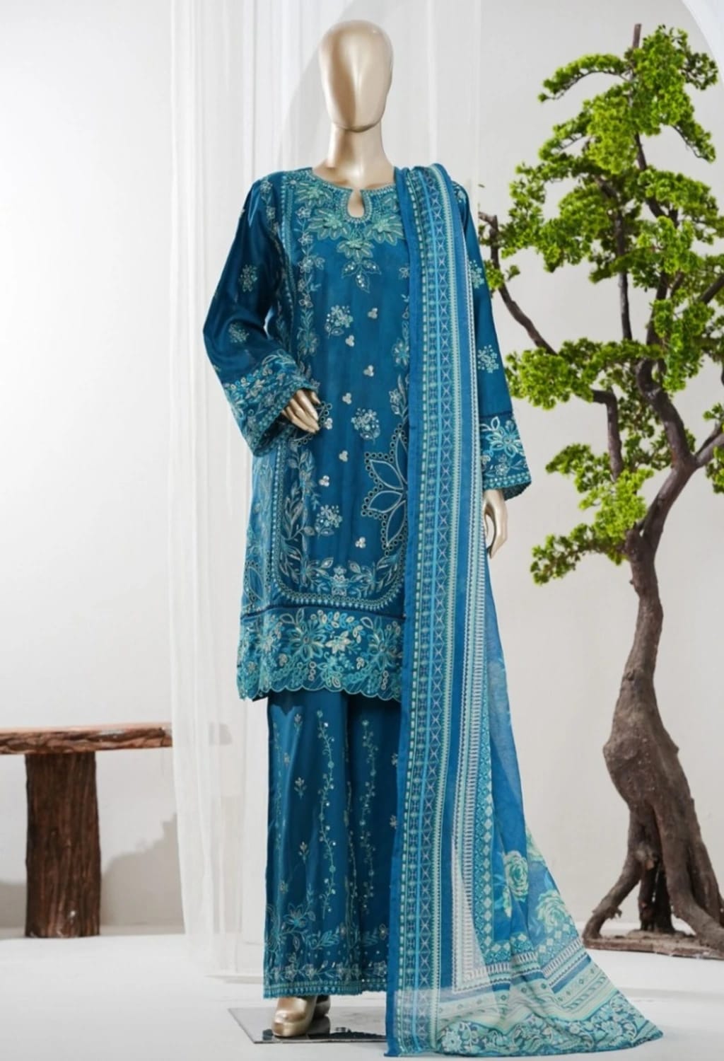 Binsaeed Jacquard Blue 3pc Embroidered D9