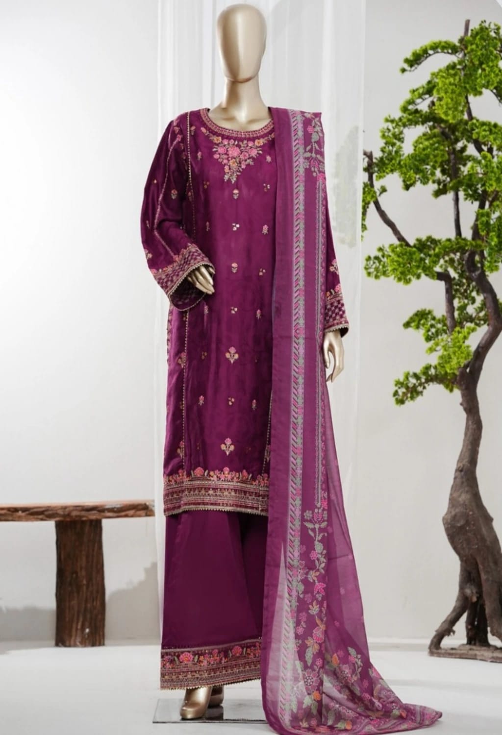 Binsaeed Jacquard Purple 3pc Embroidered D11