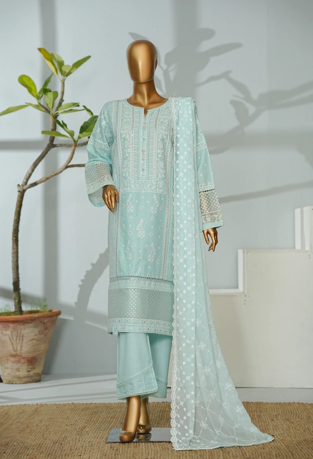 Bin saeed Stithed Plain Cotton 3pc (D 2525-B)