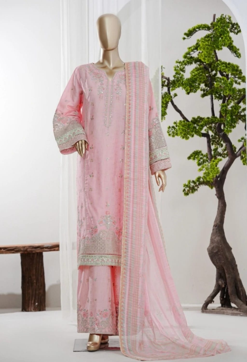 Binsaeed Jacquard Pink 3pc Embroidered D8