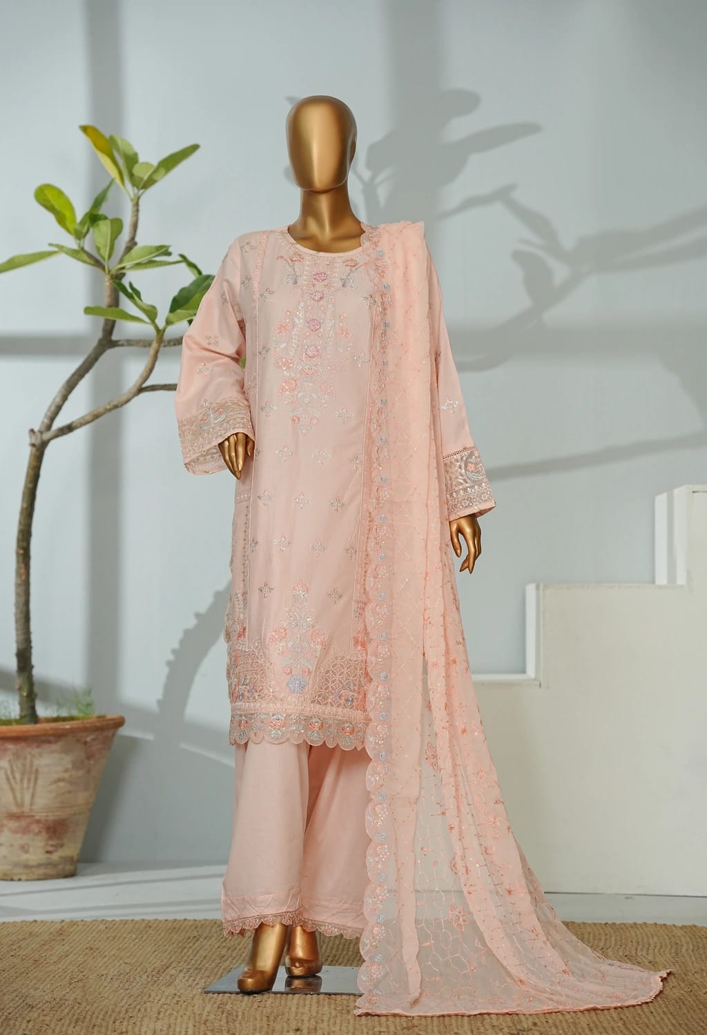 Bin saeed Stithed Plain Cotton 3pc (D 2532-O)