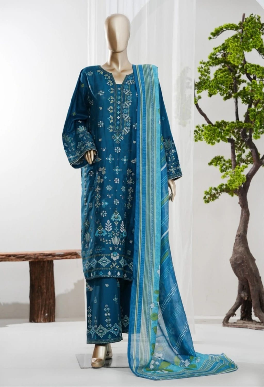 Binsaeed Jacquard Blue 3pc Embroidered D2