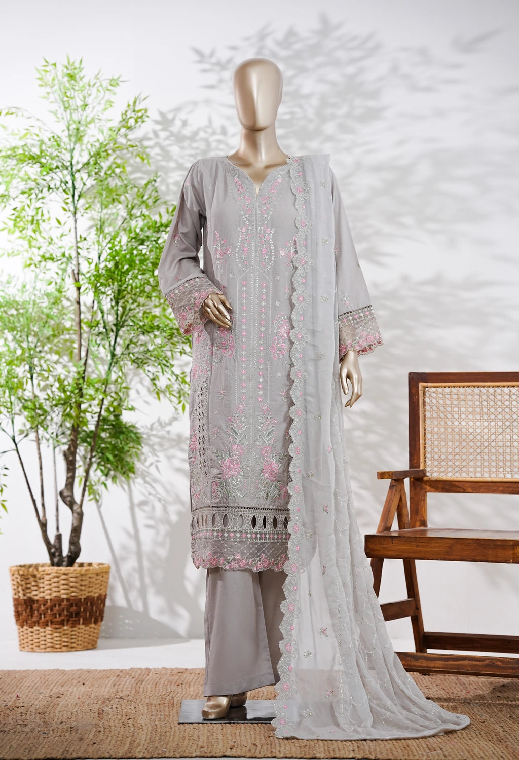 Binsaeed Plain Cotton 3 Piece Embroidered D25128