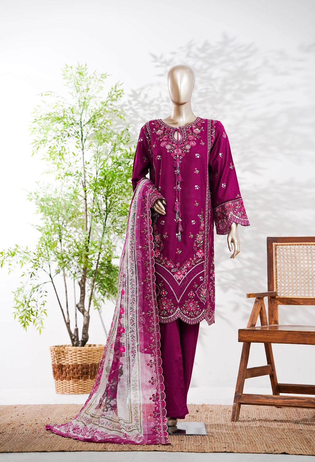 Binsaeed Plain Cotton 3 Piece Embroidered D2556
