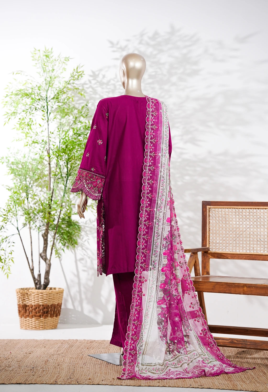 Binsaeed Plain Cotton 3 Piece Embroidered D2556