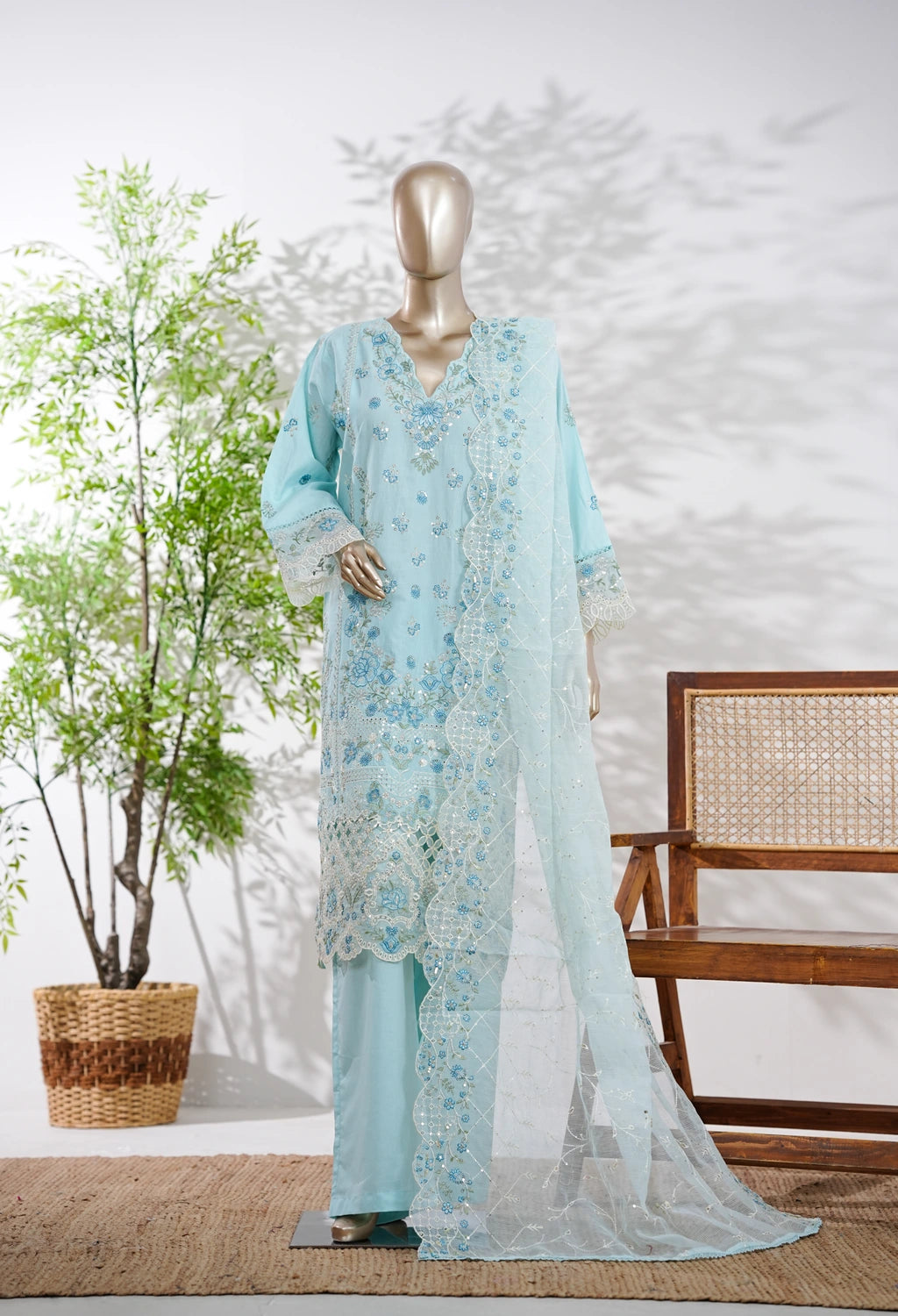 Binsaeed Plain Cotton 3 Piece Embroidered D2525