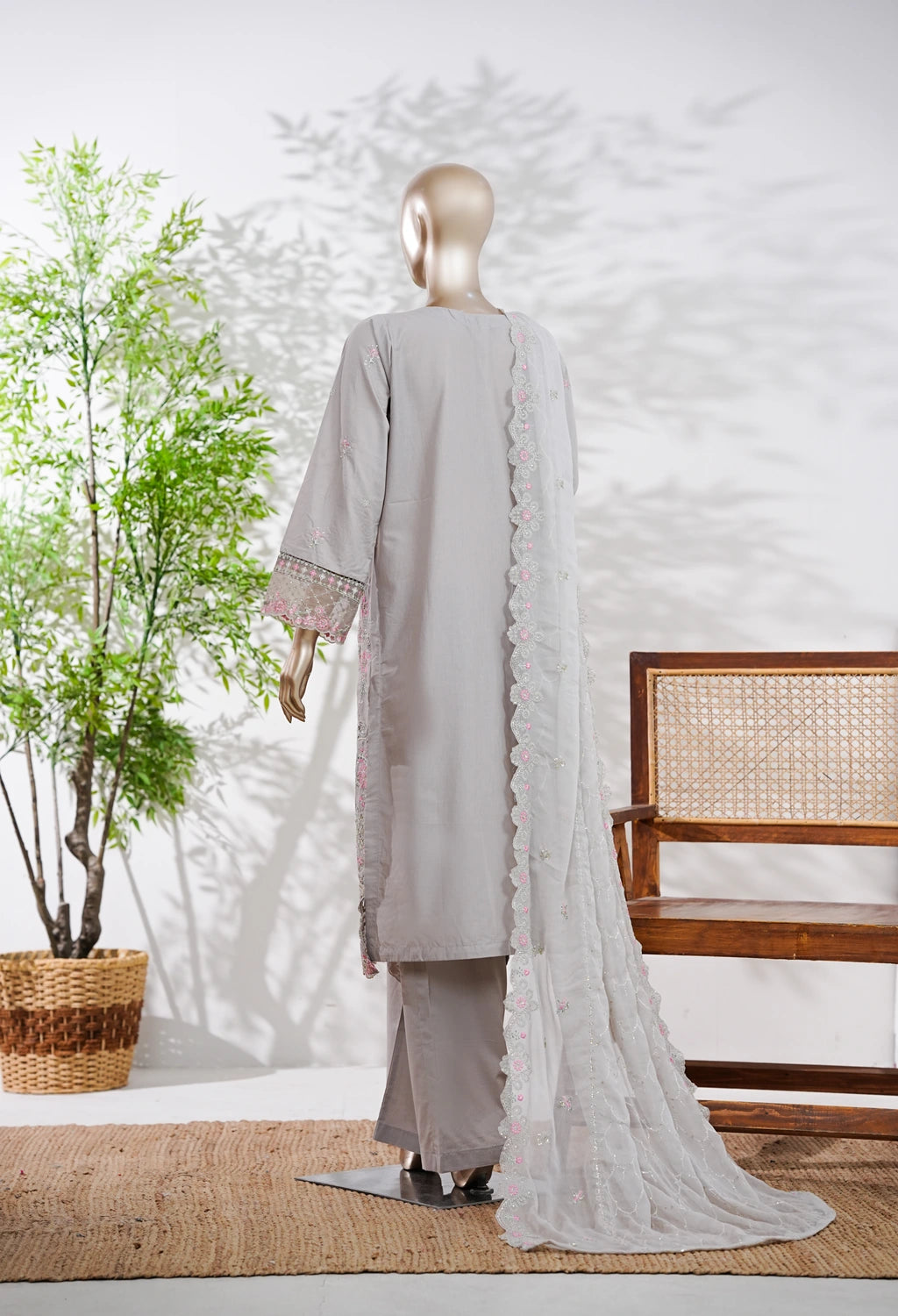 Binsaeed Plain Cotton 3 Piece Embroidered D25128