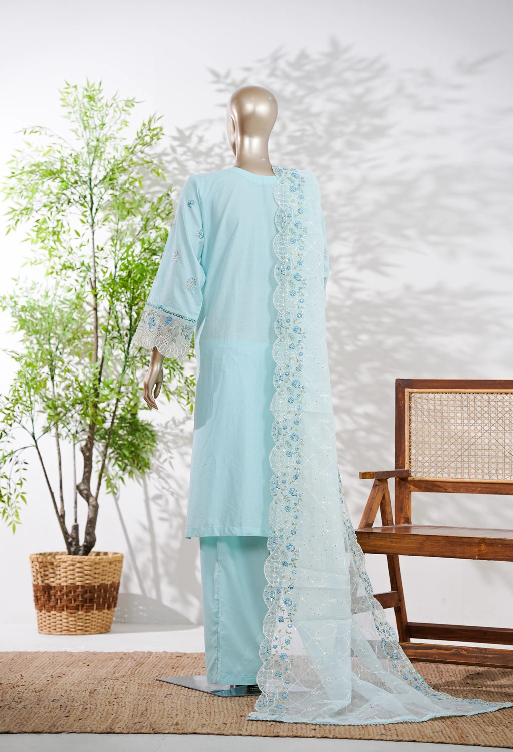 Binsaeed Plain Cotton 3 Piece Embroidered D2525