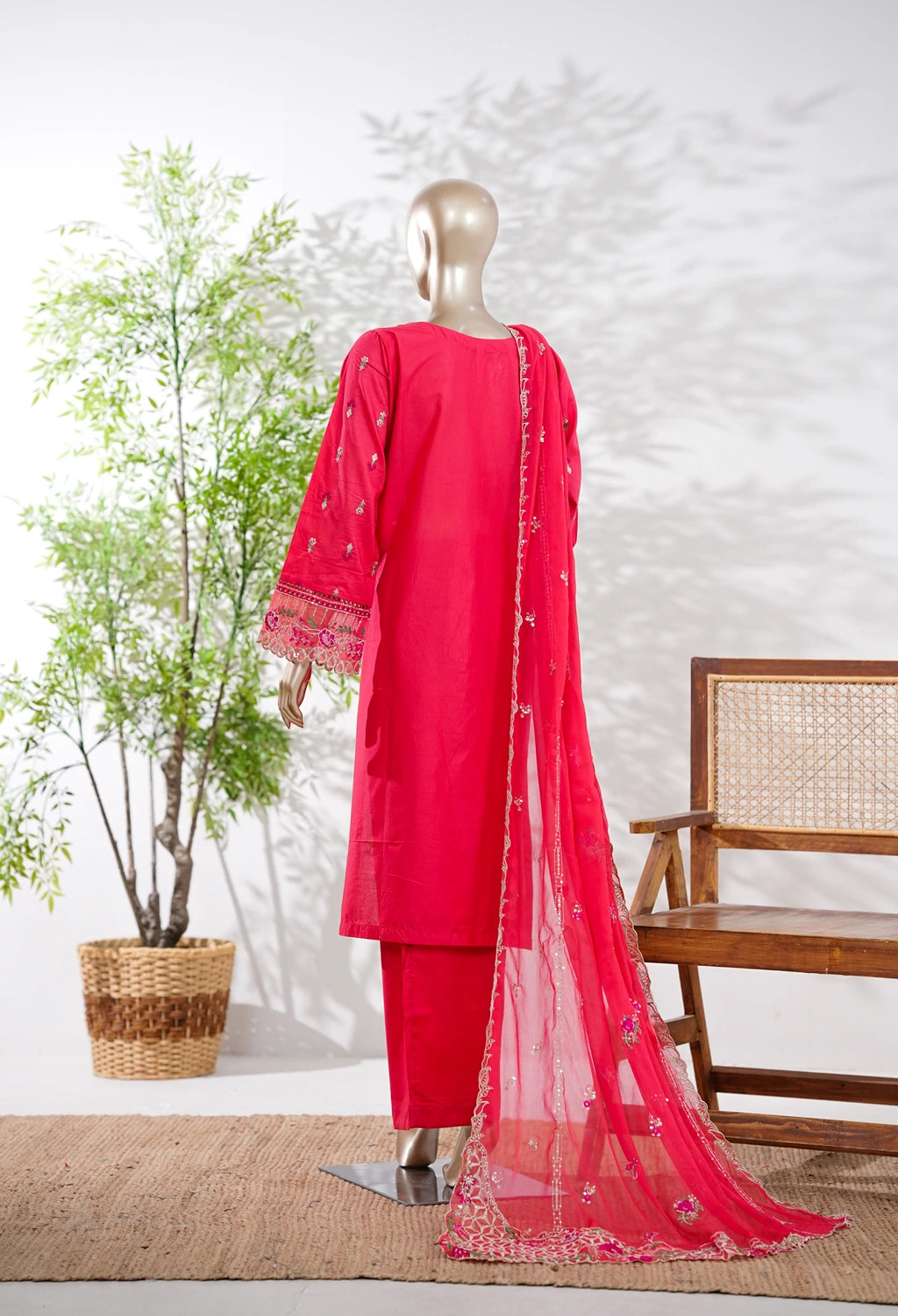 Binsaeed Plain Cotton 3 Piece Embroidered D2544