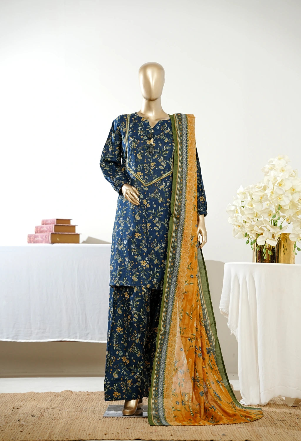 Bin saeed printed three piece with farshi shalwar D1