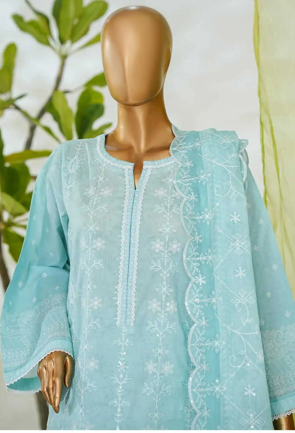 Binsaeed Stitched Ferozi Embroidered Lawn 3pc (NSM 0219-B)