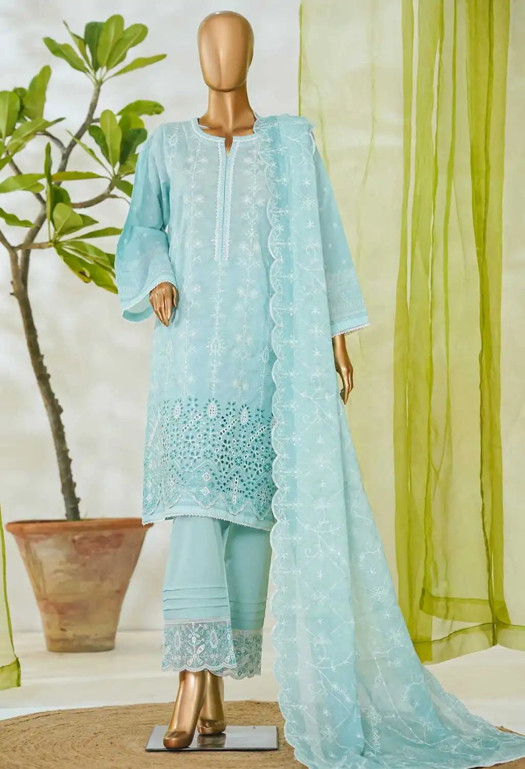 Binsaeed Stitched Ferozi Embroidered Lawn 3pc (NSM 0219-B)