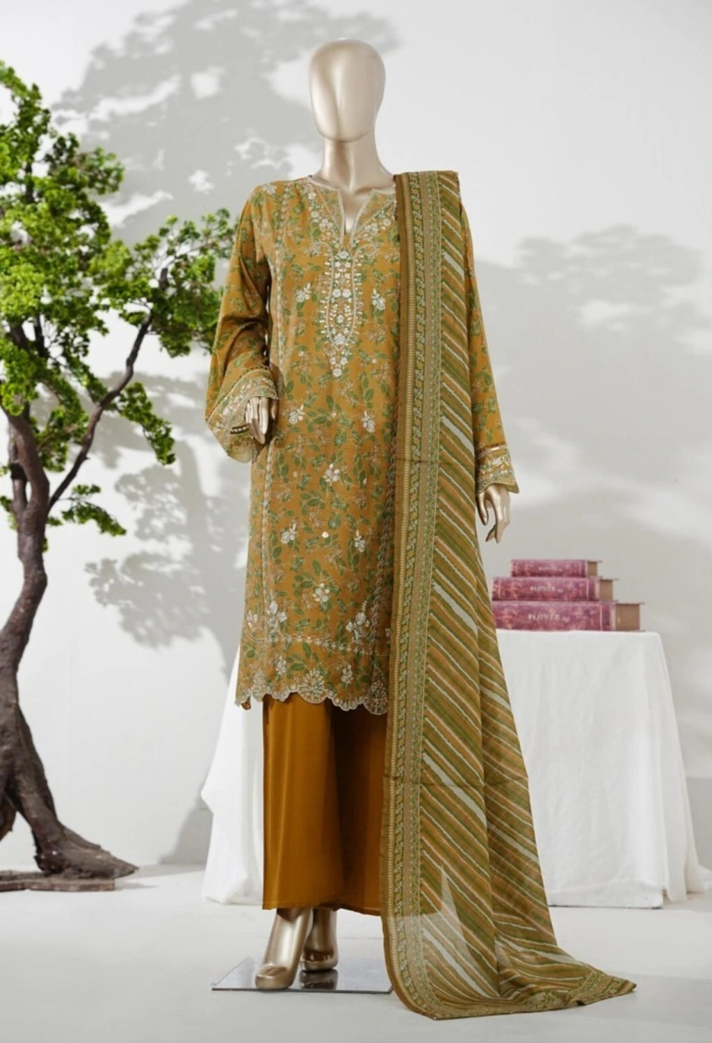 Bin Saeed Short Length Embroidered Shirt With Flapper Style Trouser D3