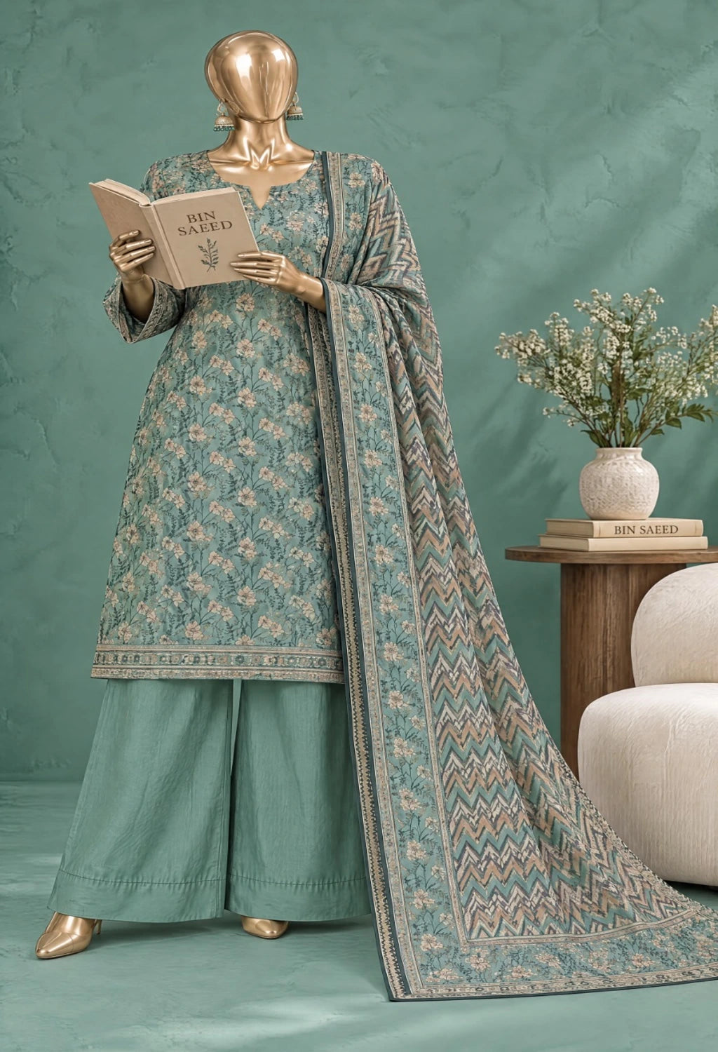 Bin Saeed Printed Khaddar Three Piece