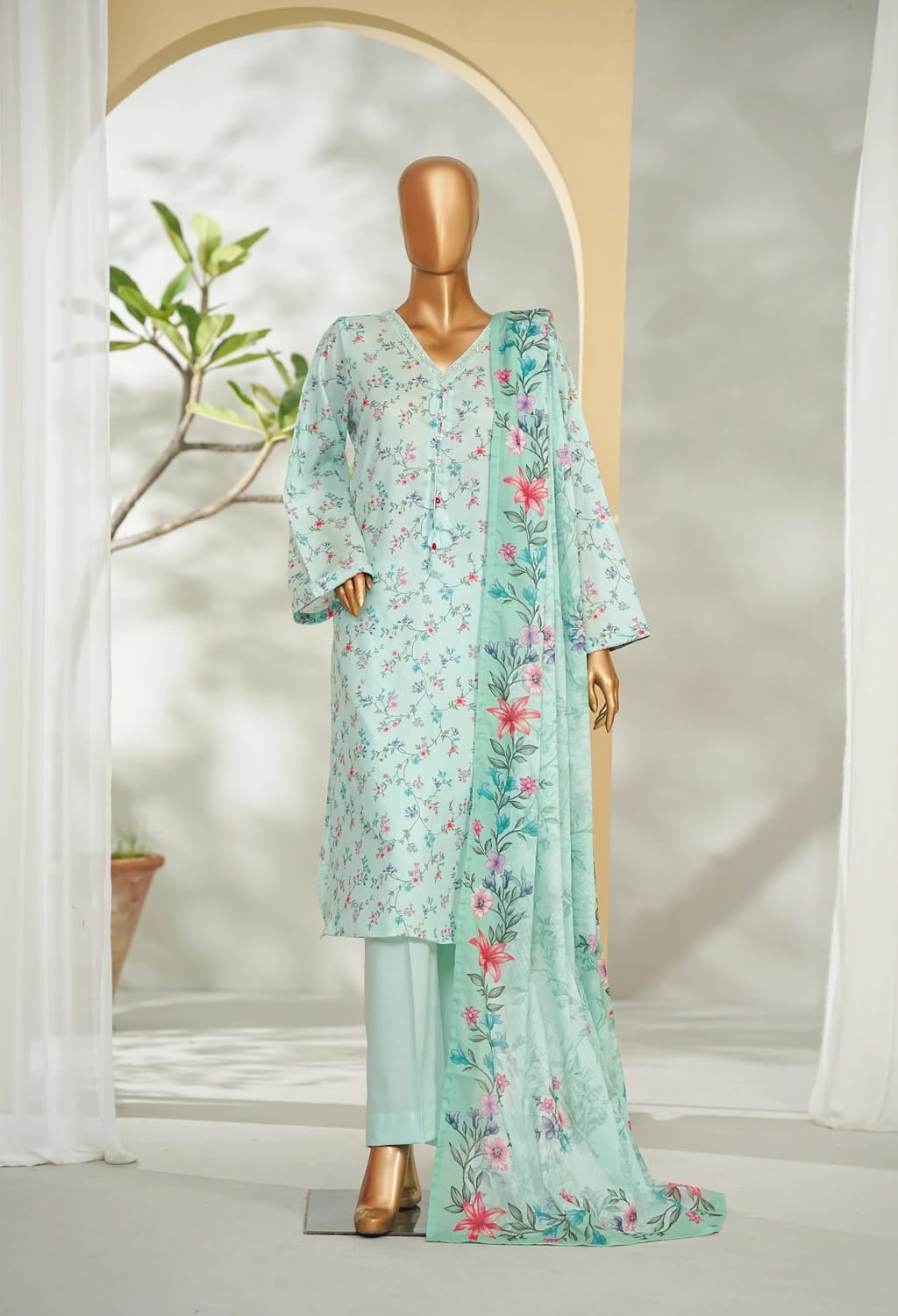 Binsaeed Stitched Ferozi Printed Lawn 3pc(LSM008)