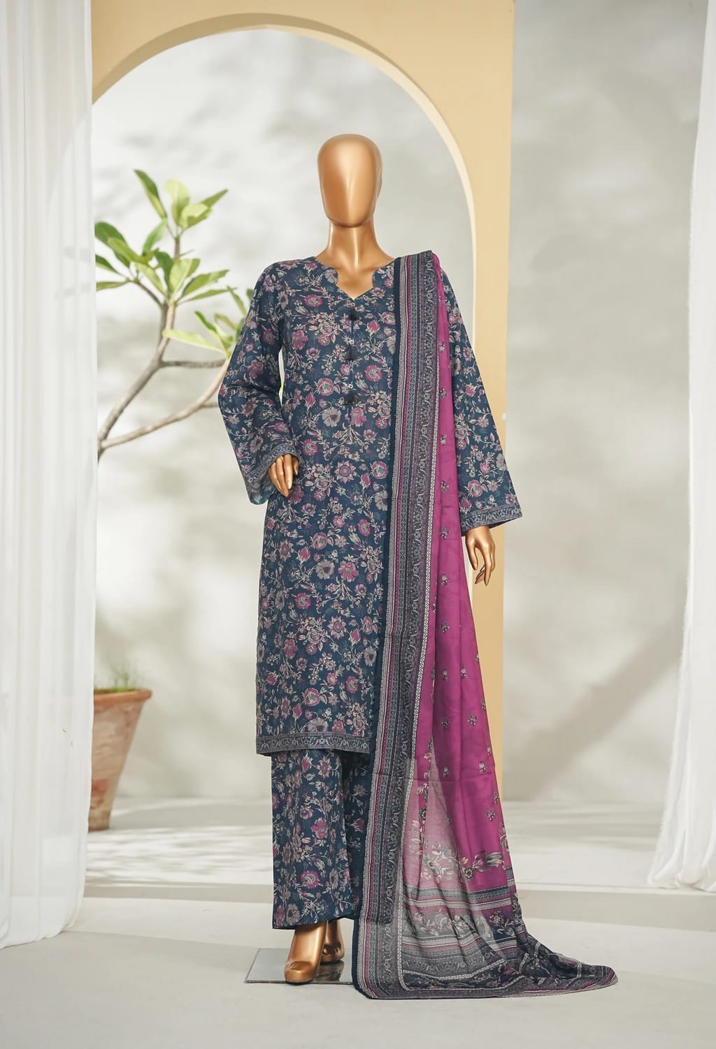 Binsaeed Stitched Blue Printed Lawn 3pc (LSM033)
