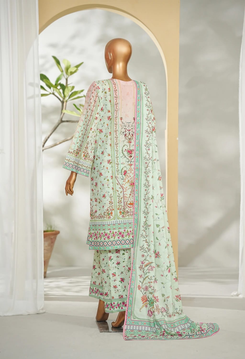 Binsaeed Stitched Green Printed Lawn 3pc (LSM023)