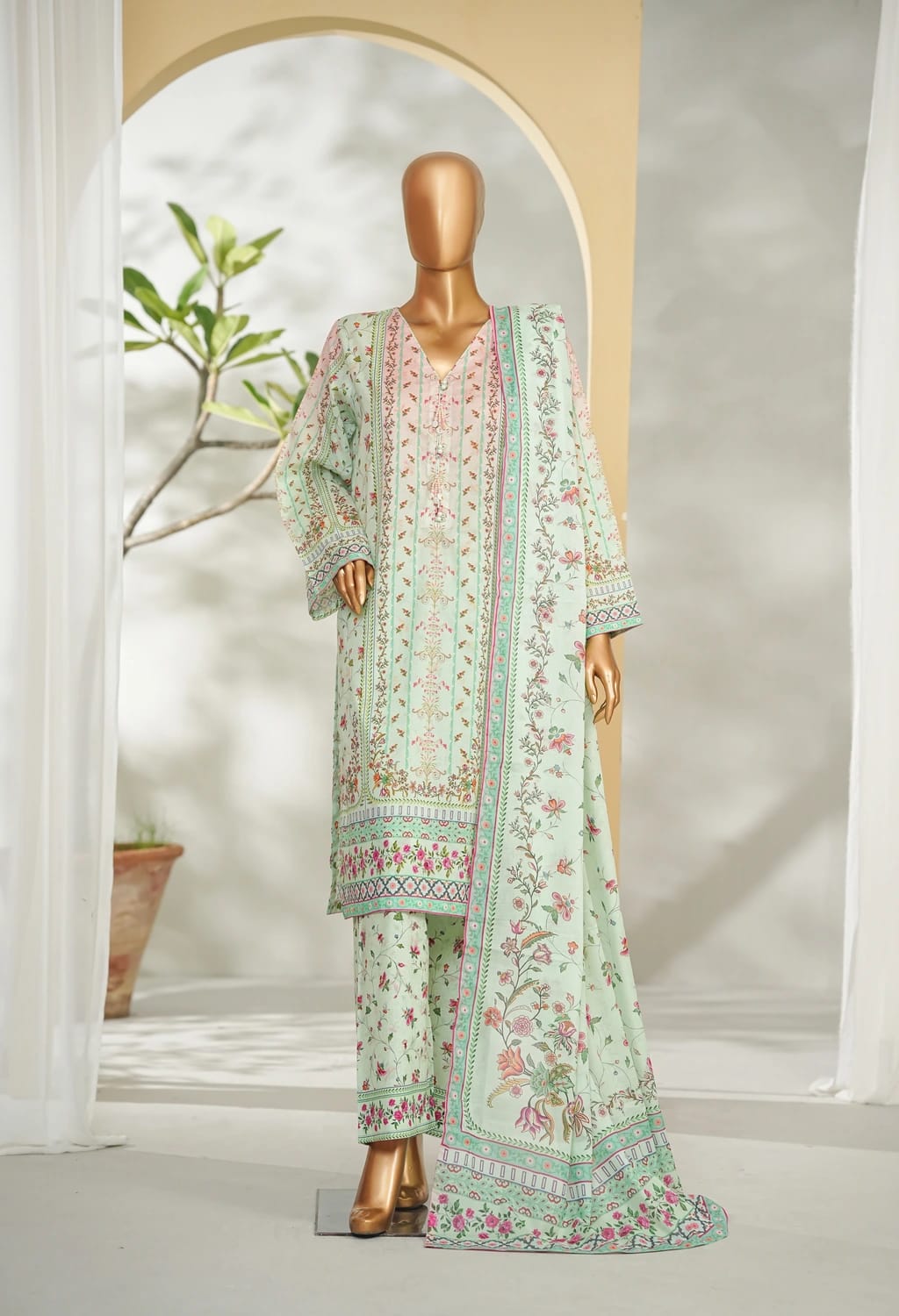 Binsaeed Stitched Green Printed Lawn 3pc (LSM023)