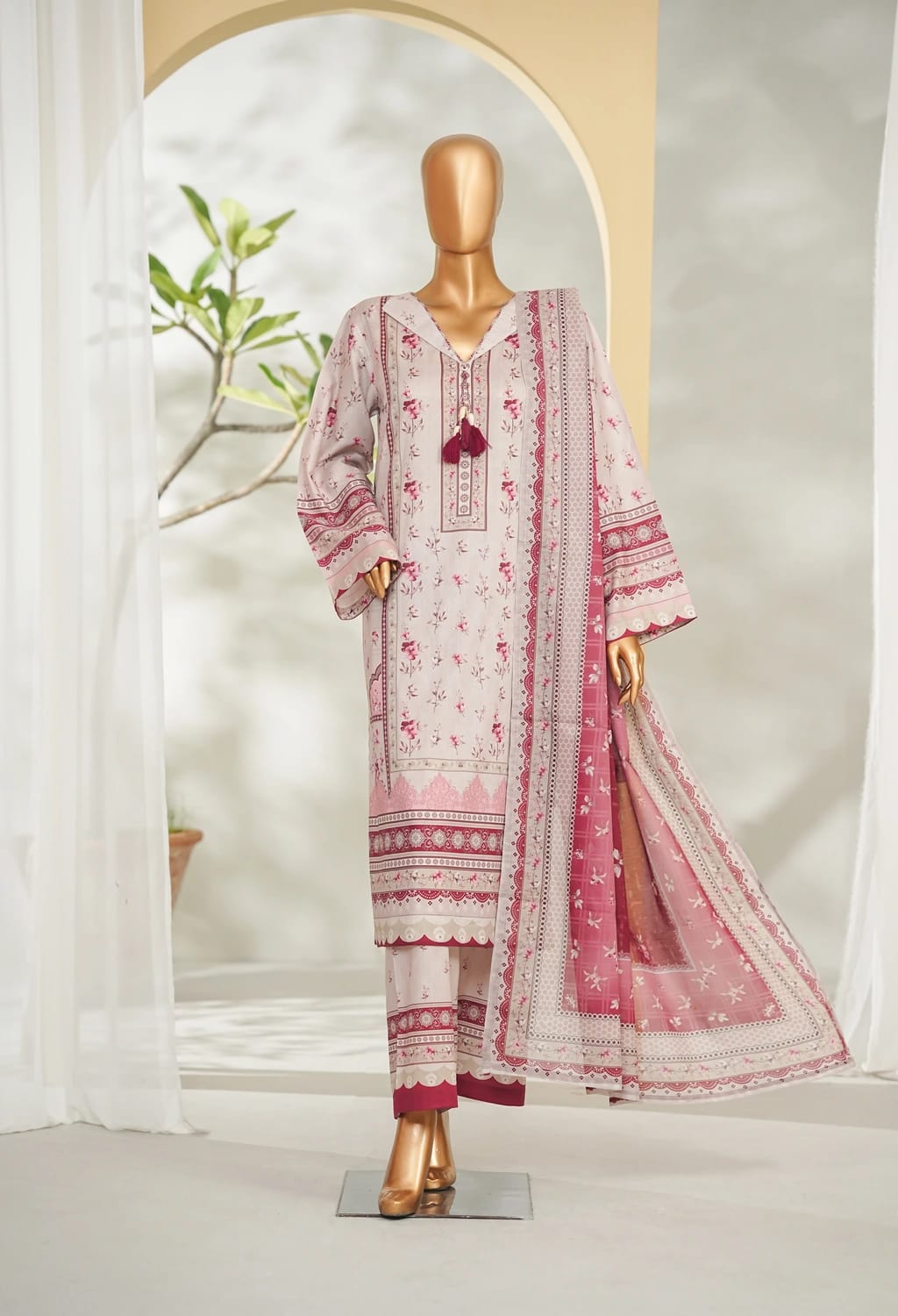 Binsaeed Stitched Pink Printed Lawn 3pc (LSM018)