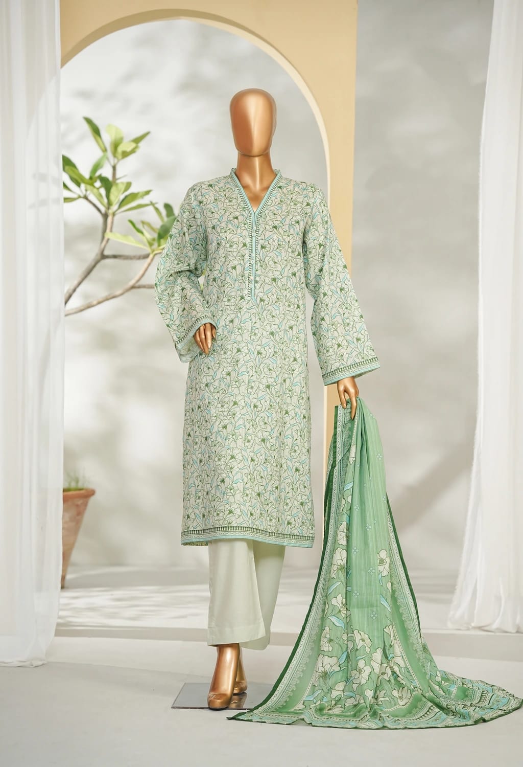 Binsaeed Stitched Green Printed Lawn 3pc (LSM007)
