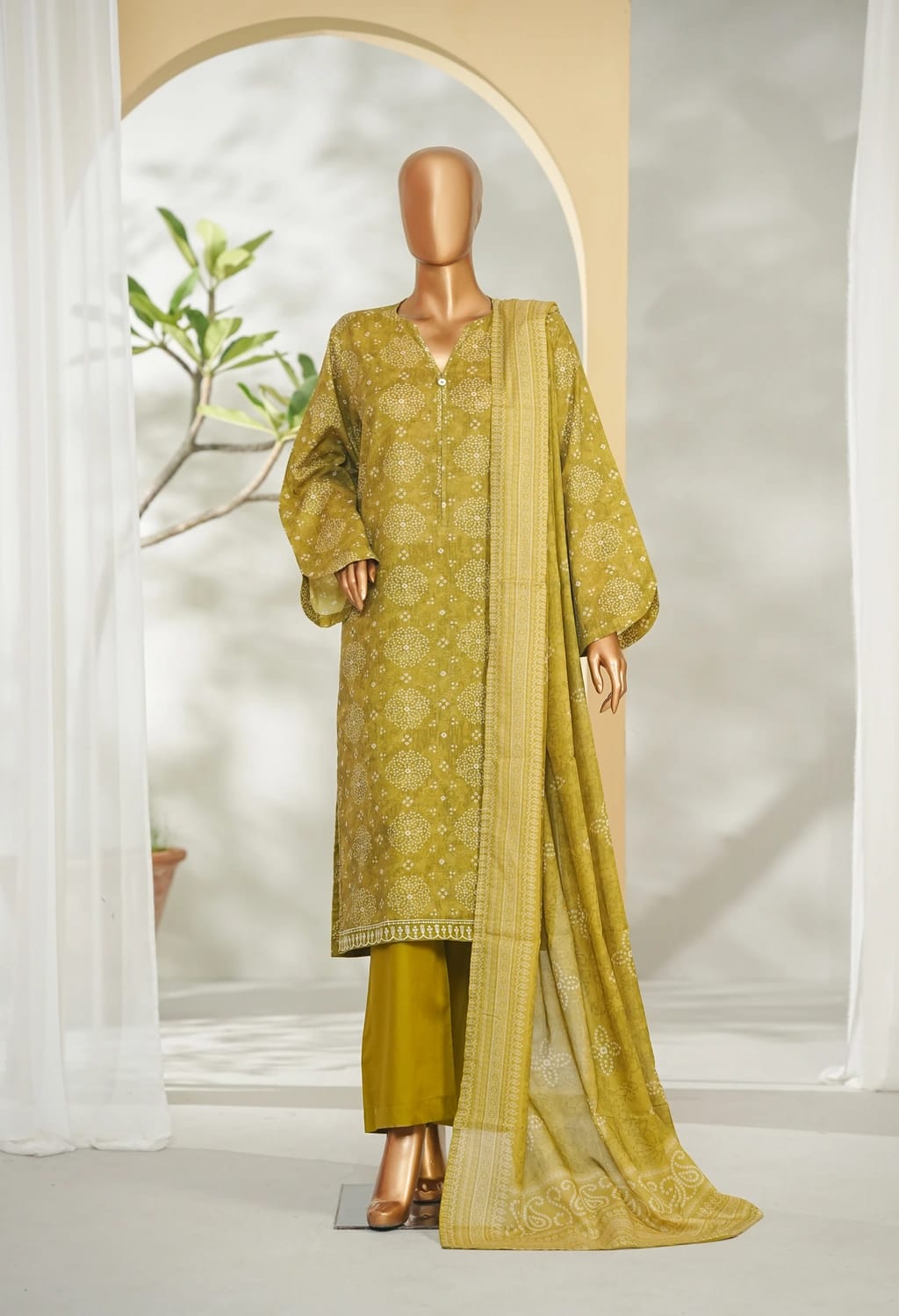 Binsaeed Stitched Green Printed Lawn 3pc (LSM012)