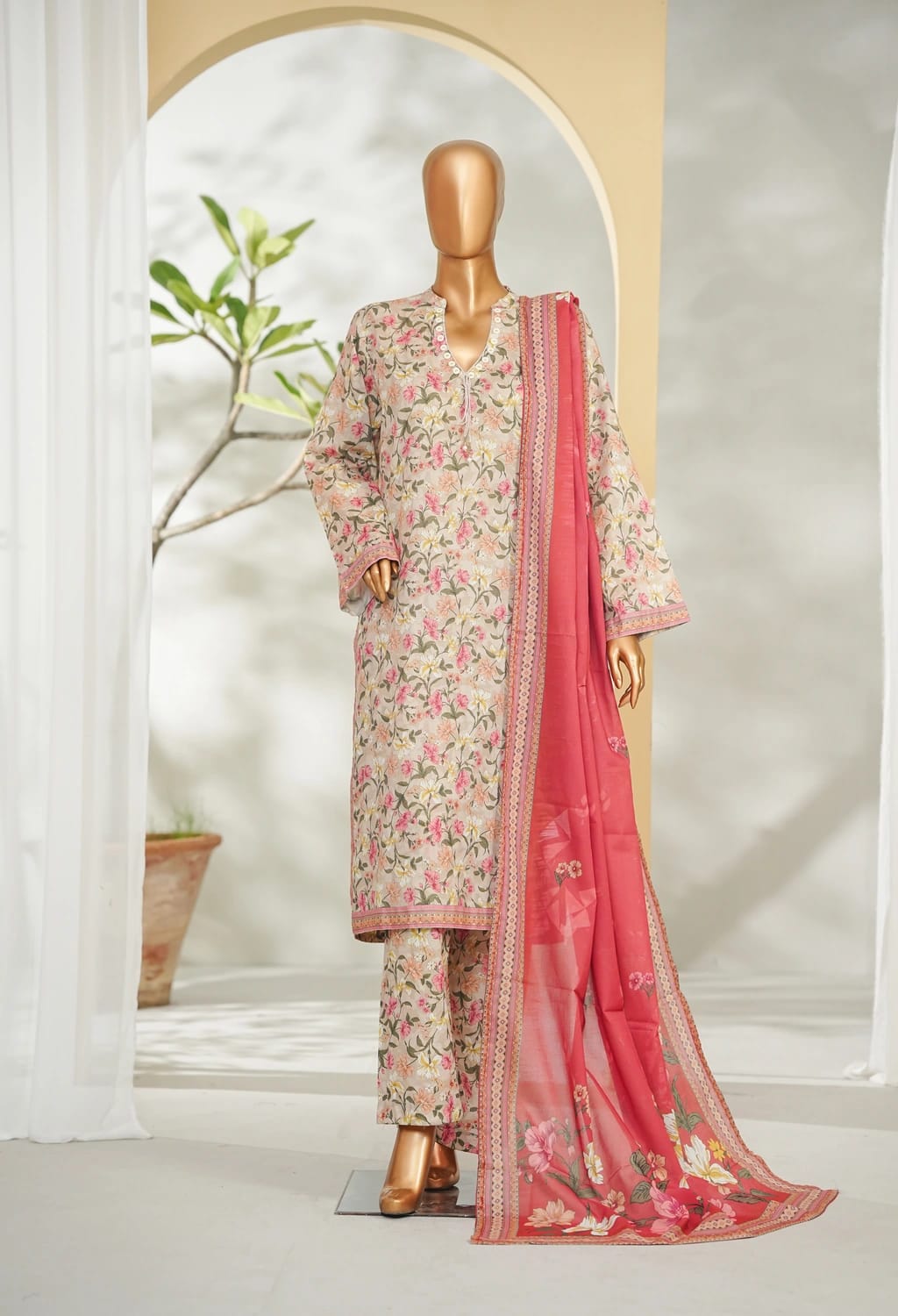 Binsaeed Stitched Ivory Printed Lawn 3pc (LSM034)