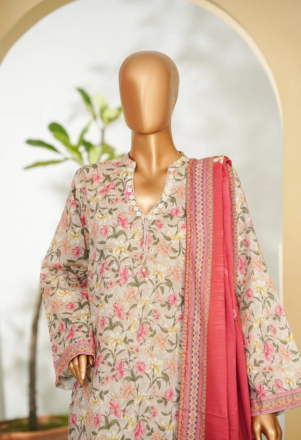 Binsaeed Stitched Ivory Printed Lawn 3pc (LSM034)