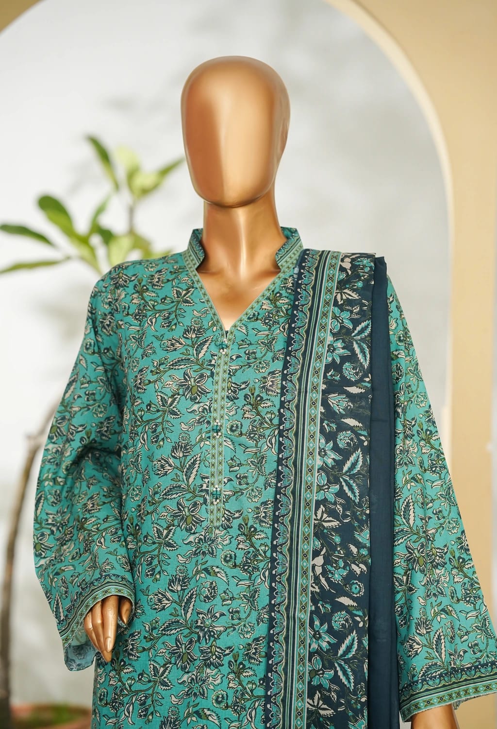 Binsaeed Stitched Green Printed Lawn 3pc (LSM036)
