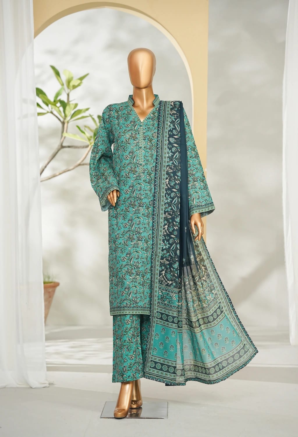 Binsaeed Stitched Green Printed Lawn 3pc (LSM036)