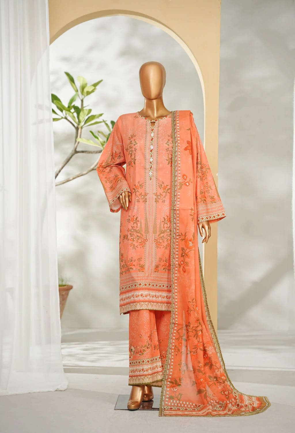 Binsaeed Stitched Peach Printed Lawn 3pc (LSM021)