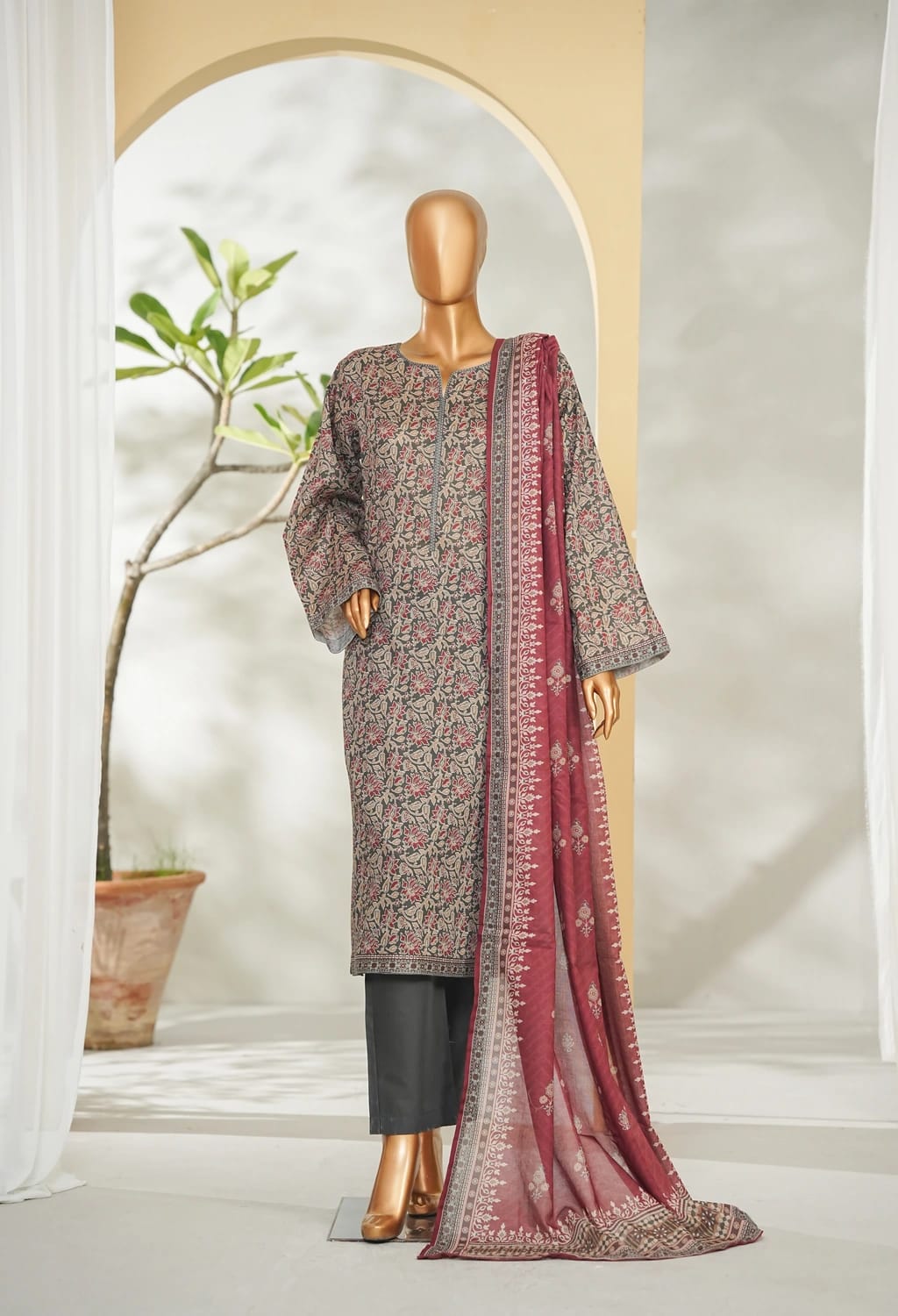 Binsaeed Stitched Scarlet Red Printed Lawn 3pc (LSM060)