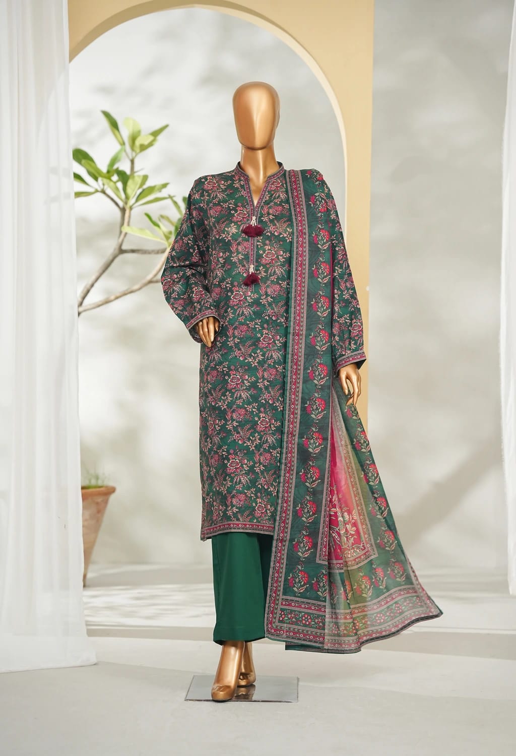 Binsaeed Stitched Green Printed Lawn 3pc (LSM028)