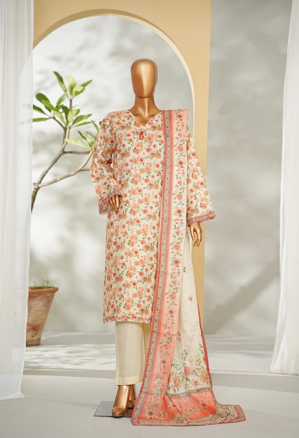 Binsaeed Stitched Ivory Printed Lawn 3pc (LSM011)
