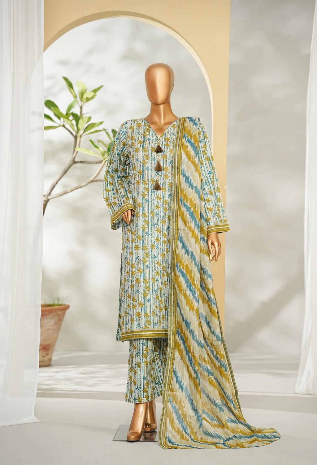 Binsaeed Stitched Gray Printed Lawn 3pc (LSM042)