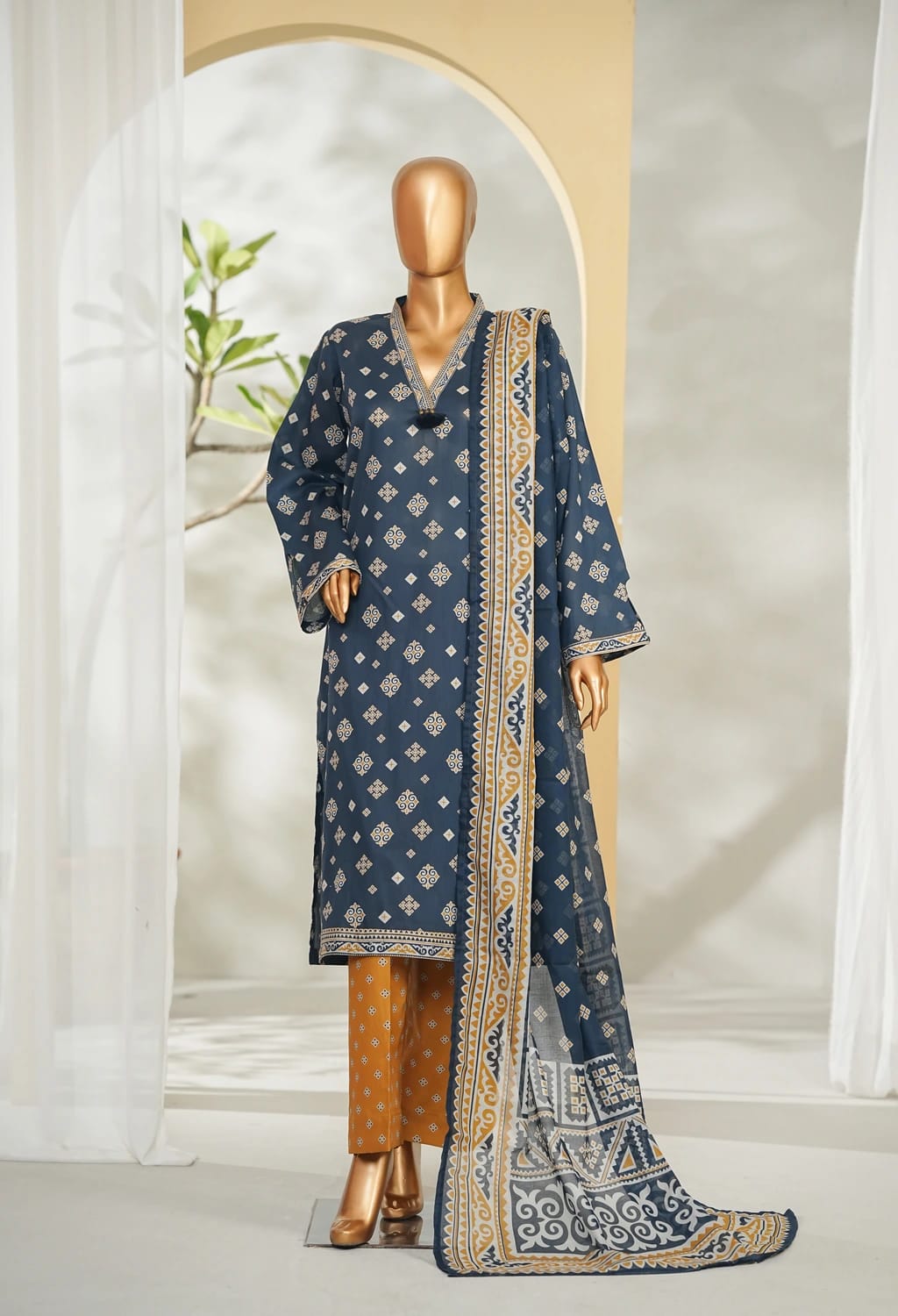 Binsaeed Stitched Blue Printed Lawn 3pc(LSM047)